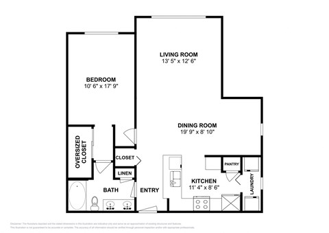 Floor plan for 1 bed, 1 bath, 955 sqft