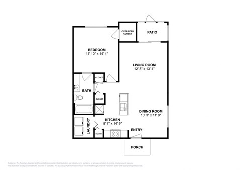 Floor plan for 1 bed, 1 bath, 750 sqft