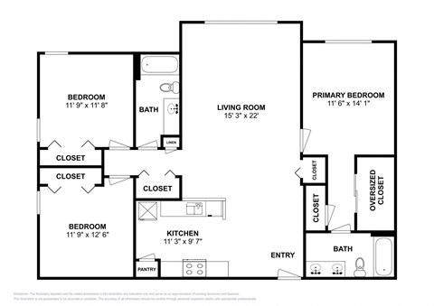 Floor plan for 3 beds, 2 baths, 1366 sqft