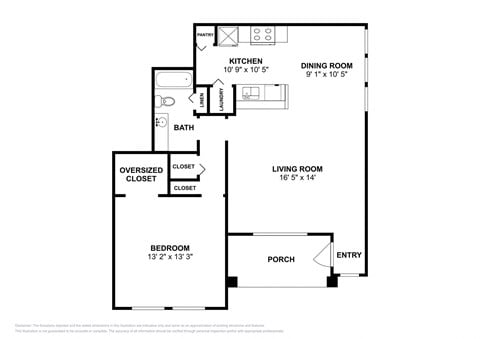 Floor plan for 1 bed, 1 bath, 794 sqft