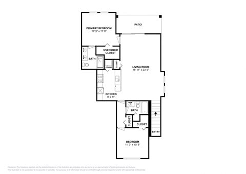 Floor plan for 2 beds, 2 baths, 1101 sqft