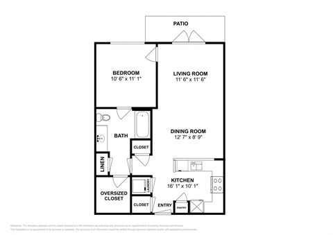 Floor plan for 1 bed, 1 bath, 724 sqft