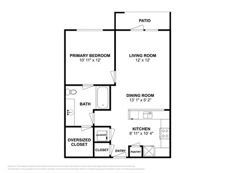 Floor plan for 1 bed, 1 bath, 676 sqft