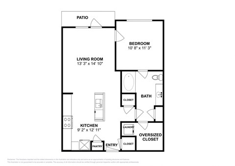 Floor plan for 1 bed, 1 bath, 700 sqft