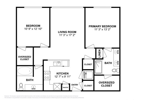 Floor plan for 2 beds, 2 baths, 1041 sqft