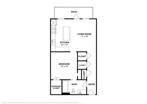Floor plan for studio, 1 bath, 640 sqft