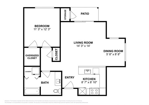 Floor plan for 1 bed, 1 bath, 700 sqft