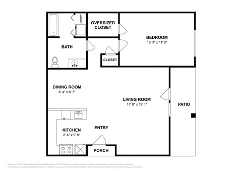 Floor plan for 1 bed, 1 bath, 842 sqft