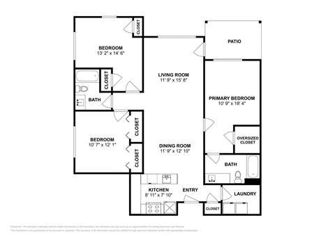 Floor plan for 3 beds, 2 baths, 1241 sqft