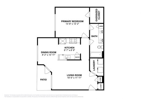Floor plan for 1 bed, 1 bath, 745 sqft