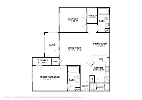 Floor plan for 2 beds, 2 baths, 1067 sqft
