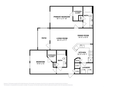 Floor plan for 2 beds, 2 baths, 1056 sqft