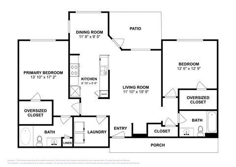 Floor plan for 2 beds, 2 baths, 1096 sqft