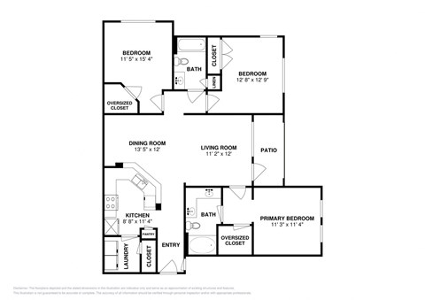 Floor plan for 3 beds, 2 baths, 1245 sqft