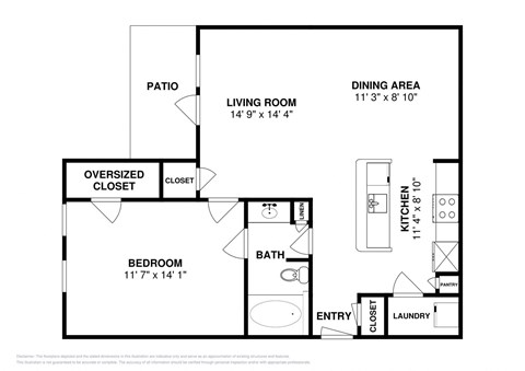 Floor plan for 1 bed, 1 bath, 806 sqft