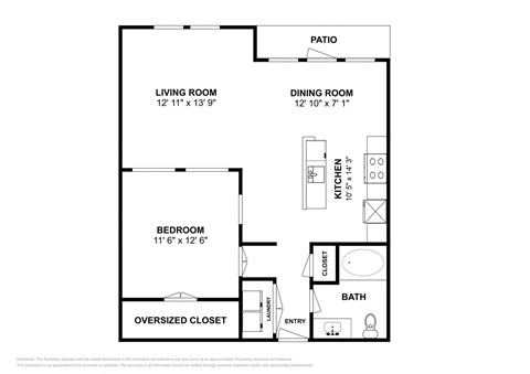 Floor plan for 1 bed, 1 bath, 826 sqft