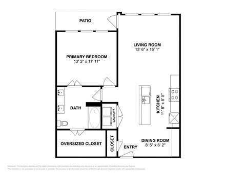 Floor plan for 1 bed, 1 bath, 856 sqft