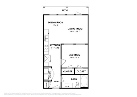 Floor plan for studio, 1 bath, 594 sqft