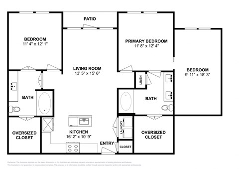 Floor plan for 2 beds, 2 baths, 1303 sqft