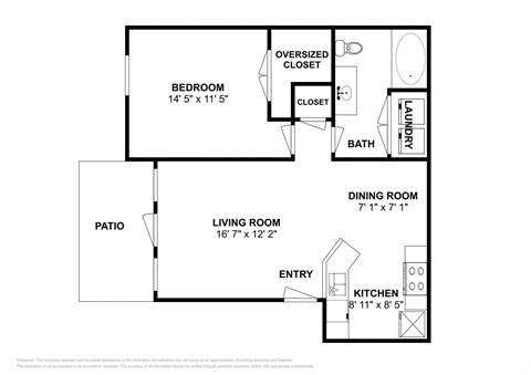 Floor plan for 1 bed, 1 bath, 655 sqft