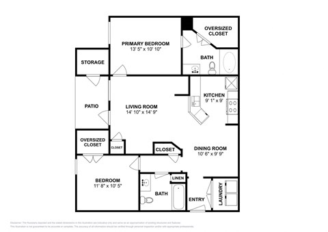 Floor plan for 2 beds, 2 baths, 1029 sqft