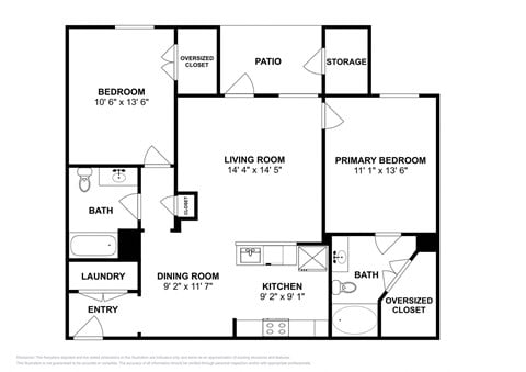 Floor plan for 2 beds, 2 baths, 1043 sqft