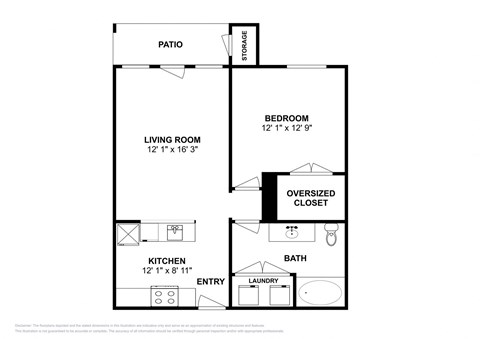 Floor plan for 1 bed, 1 bath, 634 sqft
