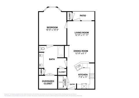 Floor plan for 1 bed, 1 bath, 787 sqft