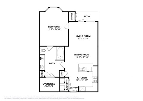 Floor plan for 1 bed, 1 bath, 787 sqft