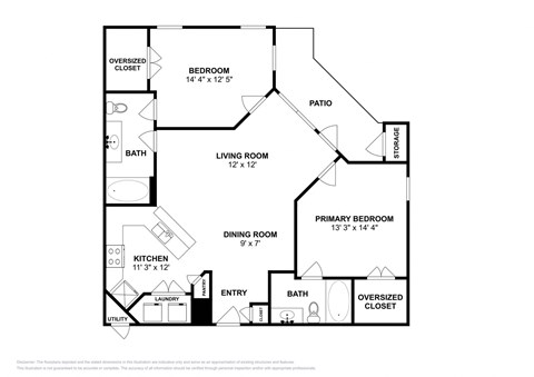 Floor plan for 2 beds, 2 baths, 1126 sqft
