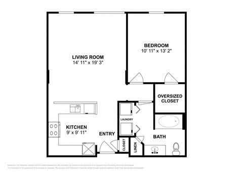 Floor plan for 1 bed, 1 bath, 747 sqft