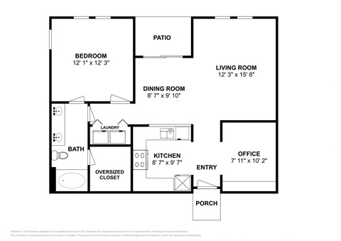 Floor plan for 1 bed, 1 bath, 851 sqft