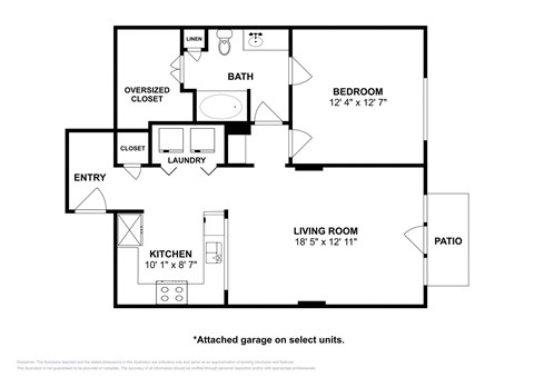 Floor plan for 1 bed, 1 bath, 820 sqft
