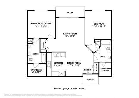 Floor plan for 2 beds, 2 baths, 1098 sqft