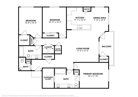 Floor plan for 3 beds, 2.5 baths, 1501 sqft