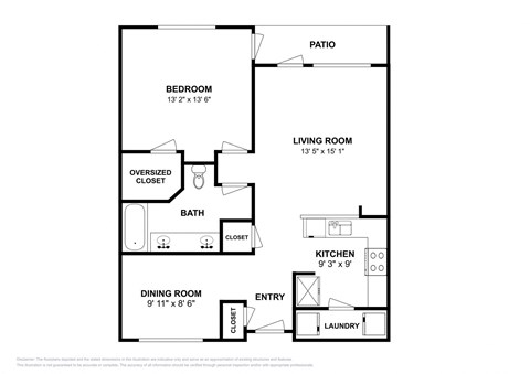 Floor plan for 1 bed, 1 bath, 871 sqft