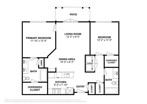 Floor plan for 2 beds, 2 baths, 953 sqft