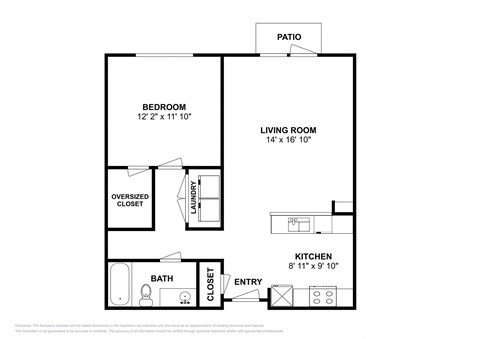 Floor plan for 1 bed, 1 bath, 745 sqft