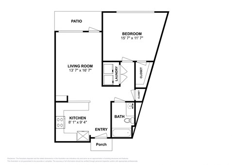 Floor plan for 1 bed, 1 bath, 697 sqft