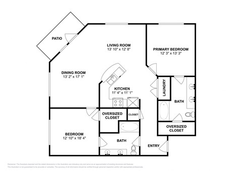 Floor plan for 2 beds, 2 baths, 1177 sqft
