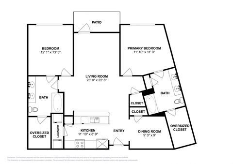 Floor plan for 2 beds, 2 baths, 1292 sqft