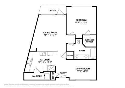 Floor plan for 1 bed, 1 bath, 881 sqft