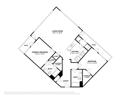 Floor plan for 2 beds, 2 baths, 1295 sqft