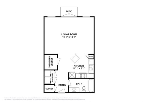 Floor plan for studio, 1 bath, 578 sqft
