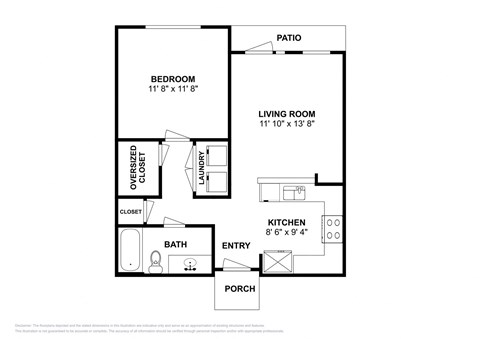 Floor plan for 1 bed, 1 bath, 624 sqft