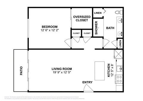 Floor plan for 1 bed, 1 bath, 680 sqft