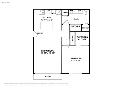 Floor plan for 1 bed, 1 bath, 840 sqft