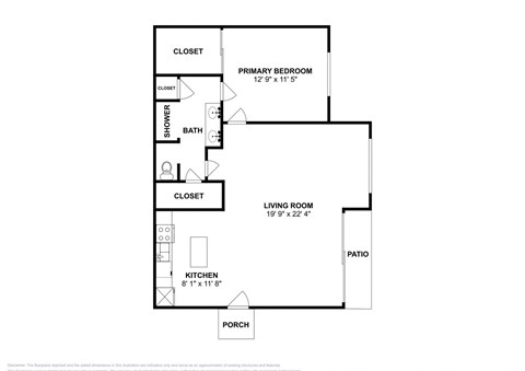 Floor plan for 1 bed, 1 bath, 1075 sqft
