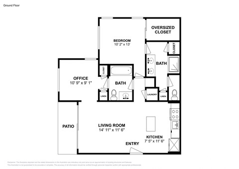 Floor plan for 1 bed, 2 baths, 1165 sqft