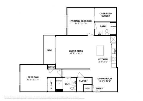 Floor plan for 2 beds, 2 baths, 1235 sqft
